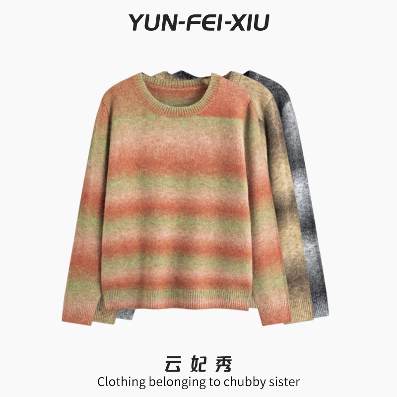 云妃秀大码女装针织衫休闲微胖圆领渐变宽松显瘦百搭冬22630