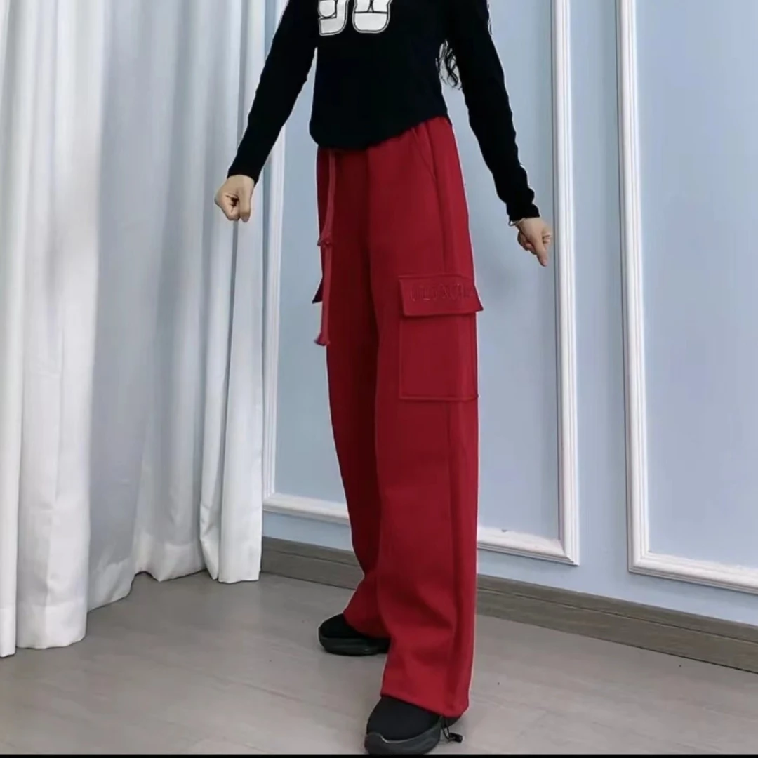 春秋阔腿裤工装刺绣休闲裤宽松显瘦时尚直筒卫裤束脚两穿百搭长裤