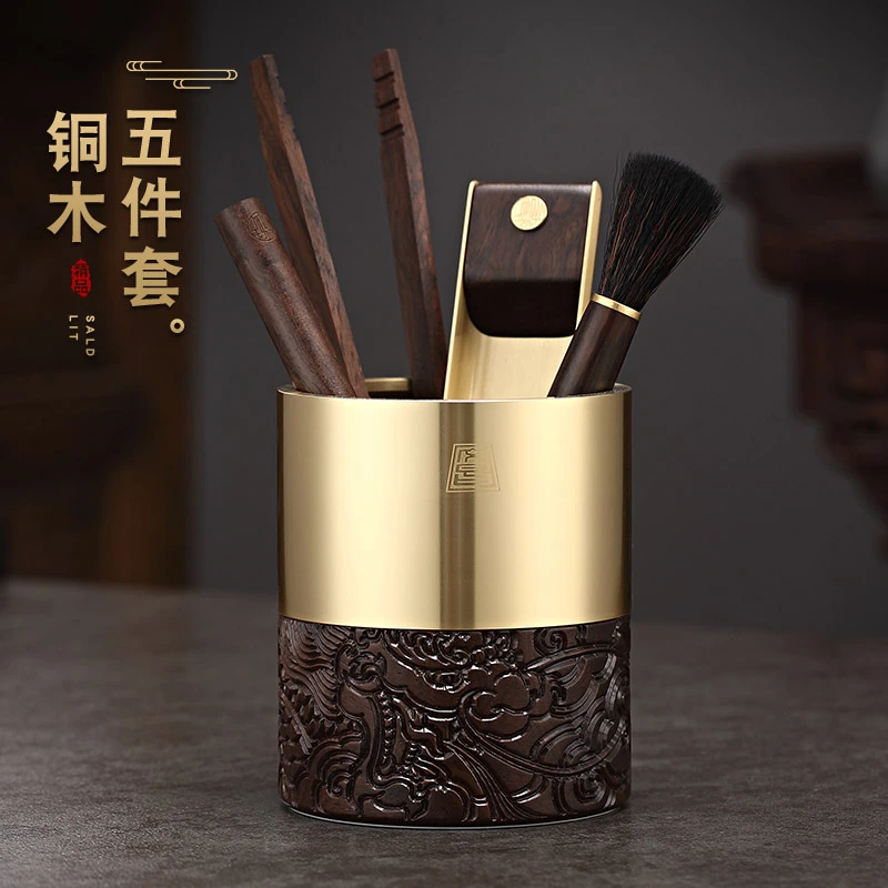 纯黄铜功夫茶具配件实木茶道六君子茶勺养壶笔茶叶夹泡茶工具中式