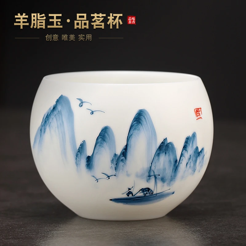 羊脂玉瓷彩绘功夫茶杯个人专用主人杯单杯纯手工喝茶品茗杯具零配