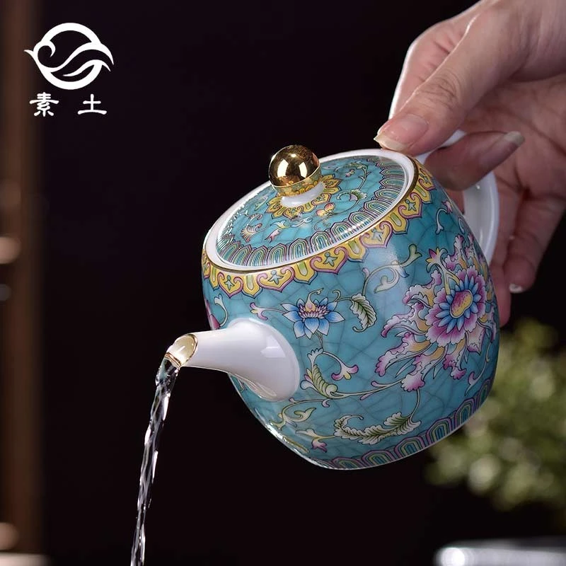 德化白瓷珐琅彩茶壶陶瓷功夫茶具冲茶器家用泡茶壶大号复古简约壶