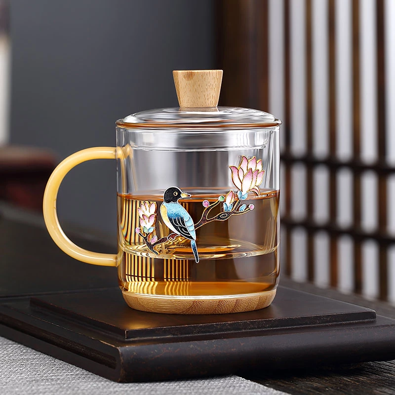 景泰蓝玻璃茶杯耐高温透明泡茶过滤轻奢办公室家用茶水分离杯高档