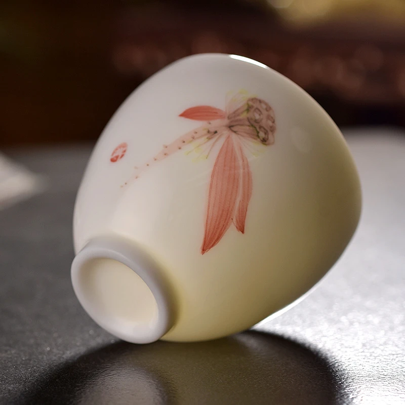 陶瓷茶杯羊脂玉手绘品茗杯主人杯单杯功夫茶具茶杯纯手工手绘白瓷