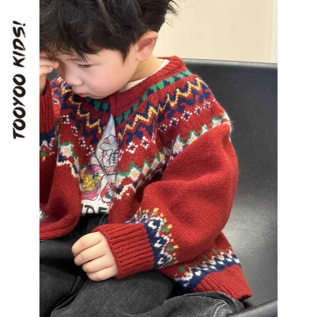 男女童红色圣诞拜年针织开衫儿童拉链毛衣宝宝毛线衣秋冬宝宝毛衣