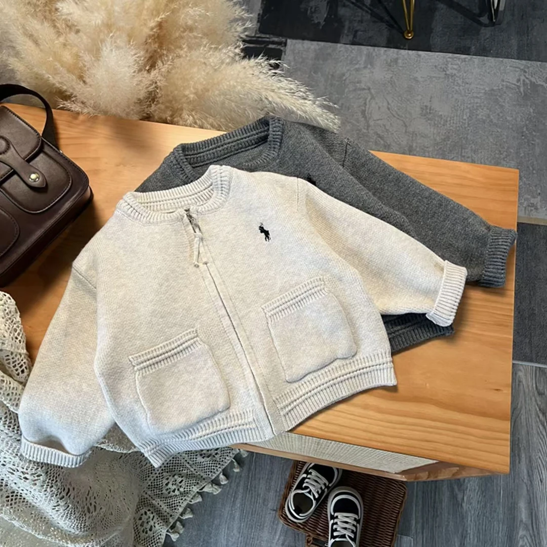 儿童拉链针织毛衣开衫2024新款宝宝洋气韩版男童外套纯色宝宝毛衣