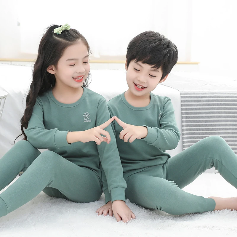 100%纯棉儿童秋衣秋裤套装圆领男童内衣套装女童薄款中大童棉毛衫