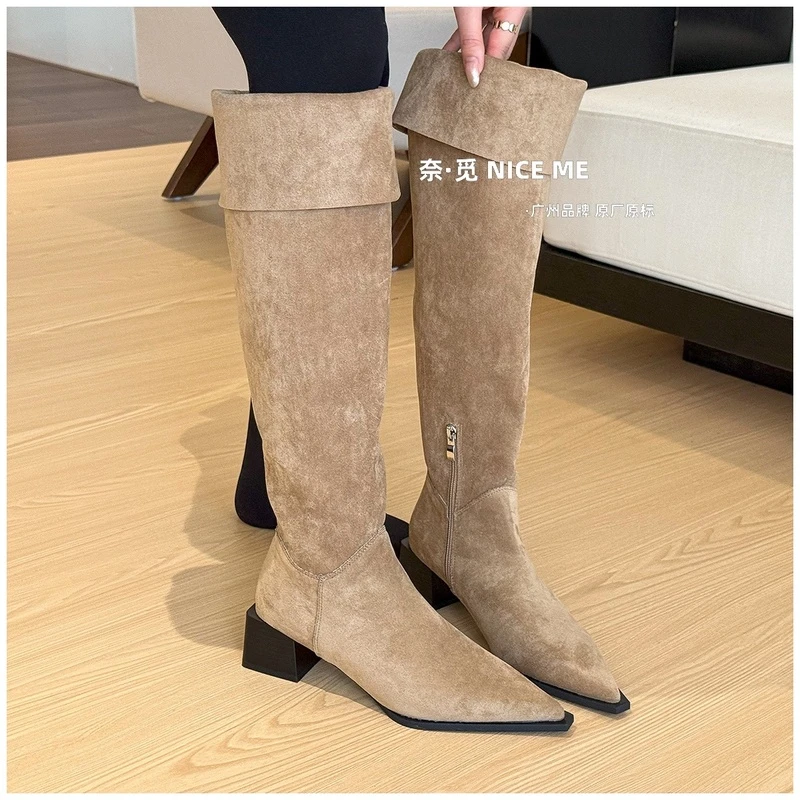 【千金】NICE ME~卡其色尖头两穿粗跟长筒靴过膝长靴冬不臃肿高筒靴
