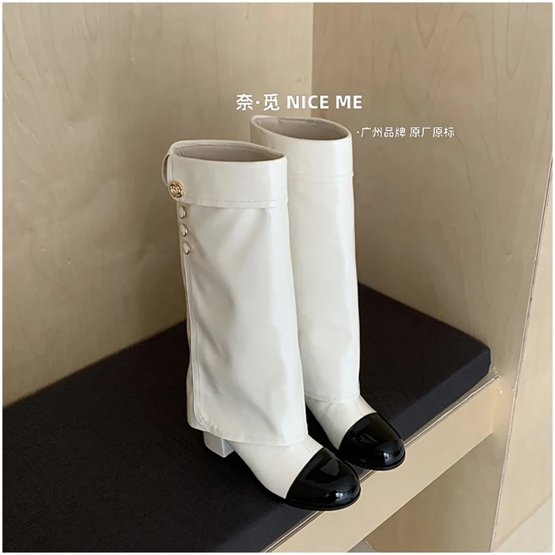 NICE ME~5cm小香风拼色高筒靴2025粗跟靴裤管靴不过膝高跟长靴ins