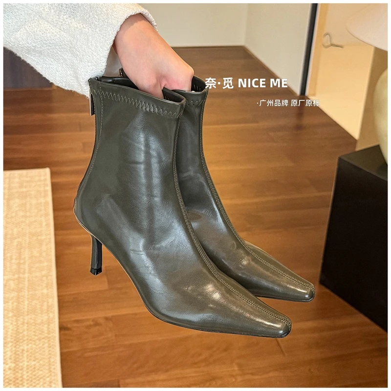 NICE ME~6.5cm复古调调！苔绿色尖头高跟软皮短靴女软皮秋冬瘦瘦靴