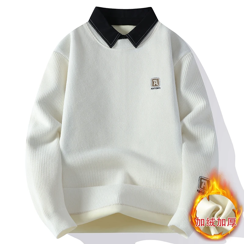 加绒加厚衬衫领毛衣男冬季新款潮流假两件休闲一体绒针织打底衫