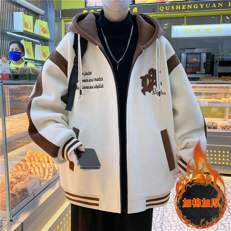 秋冬季青少年奥粒绒夹克男新款加绒加厚连帽夹克学生帅气保暖棉衣