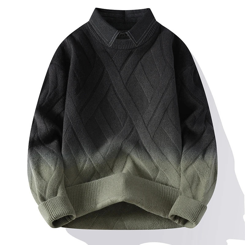 渐变色毛衣男款冬季衬衫领男士针织衫潮牌内搭高级感假两件毛线衣