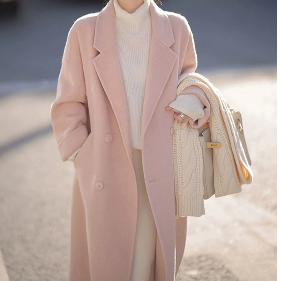 粉色双面毛呢大衣2024秋冬新款韩版宽松中长款爆款呢子外套女868