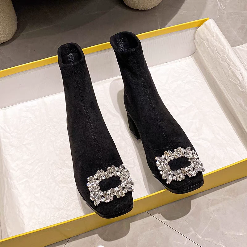 靴子女款爆款2025新款方头粗跟百搭短靴女水钻短靴瘦瘦靴气质高跟