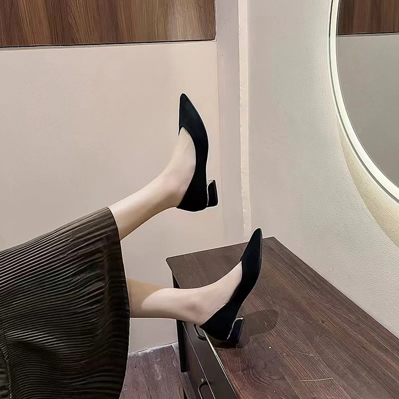 尖头粗跟单鞋女2025年新款春季绒面黑色职业通勤工作浅口低跟单鞋