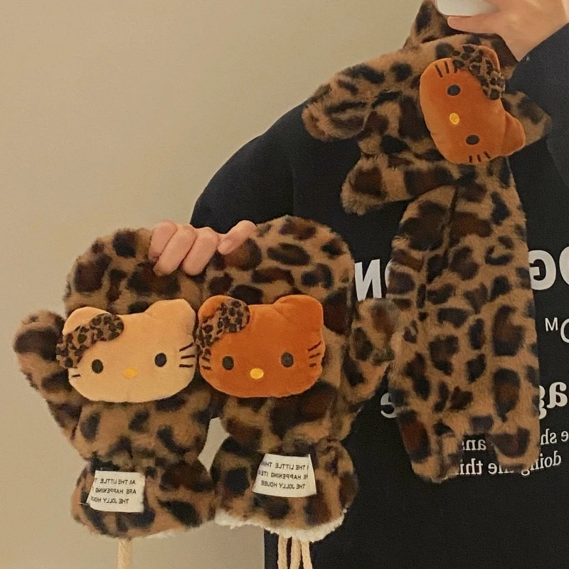可爱豹纹猫咪冬季2025新款女防风加厚保暖围脖毛绒挂脖全指手套