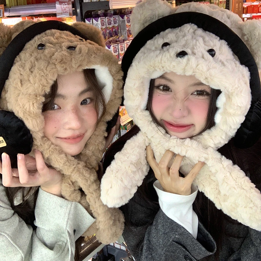 可爱耳机小熊帽子围巾一体冬季保暖加绒加厚围脖护耳雷锋帽子围脖