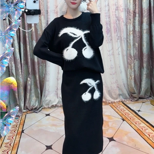 【现货现发】【套装上衣+裙子】提花针织毛衣套装轻奢气质百搭ZX8002