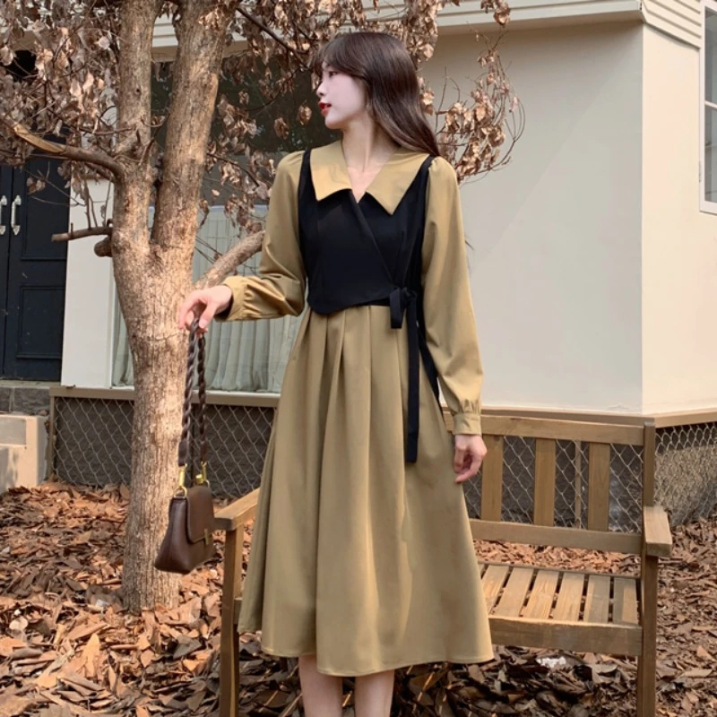 大码胖MM秋季法式赫本风设计感假两件连衣裙收腰裙子1219