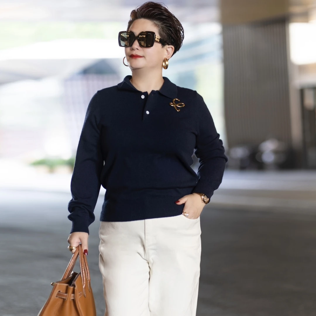 大富婆】2025秋冬新款午夜蓝优雅显瘦时尚法式polo领针织衫SY038
