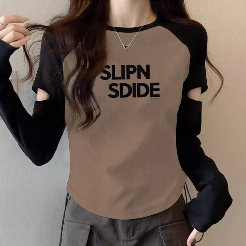 早秋气质长袖T恤女内搭2023新款打底衫显瘦撞色插肩袖破洞上衣潮
