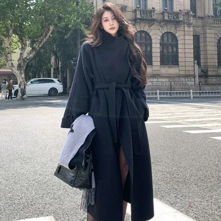 【安安专属】冬双面羊毛韩版气质加厚宽松系带翻领外套长款大衣女