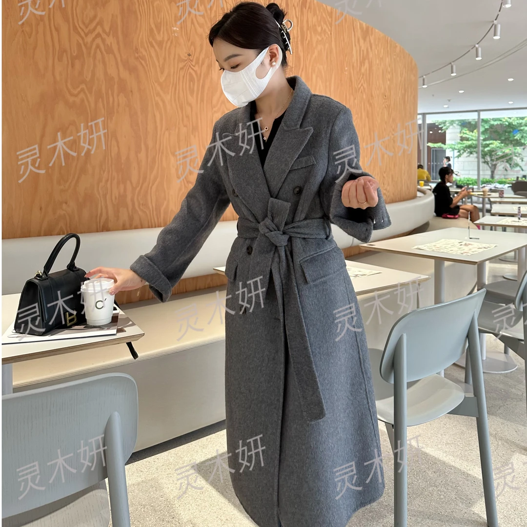 2024秋冬新款长毛韩版腰带修身气质双面羊毛大衣外套女