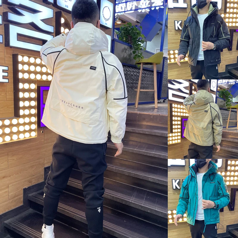 冬季工装连帽羽绒服男士防寒保暖拼接大口袋上衣潮流休闲鸭绒外套