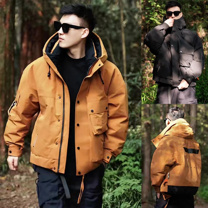 男士潮牌羽绒服冬季韩版纯色简约连帽保暖外套户外工装加厚冲锋衣