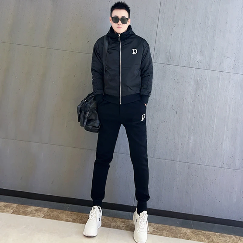 秋冬季新品连帽休闲运动套装男士时尚潮流帅气保暖外套长裤两件套