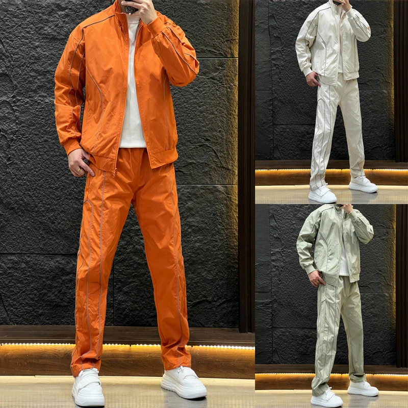 春秋潮牌运动休闲套装男士痞帅宽松嵌线立领外套直筒裤情侣两件套