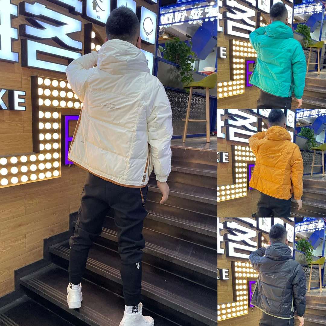 男士冬季羽绒服韩版防寒保暖宽松连帽外套休闲百搭短款拼接面包服