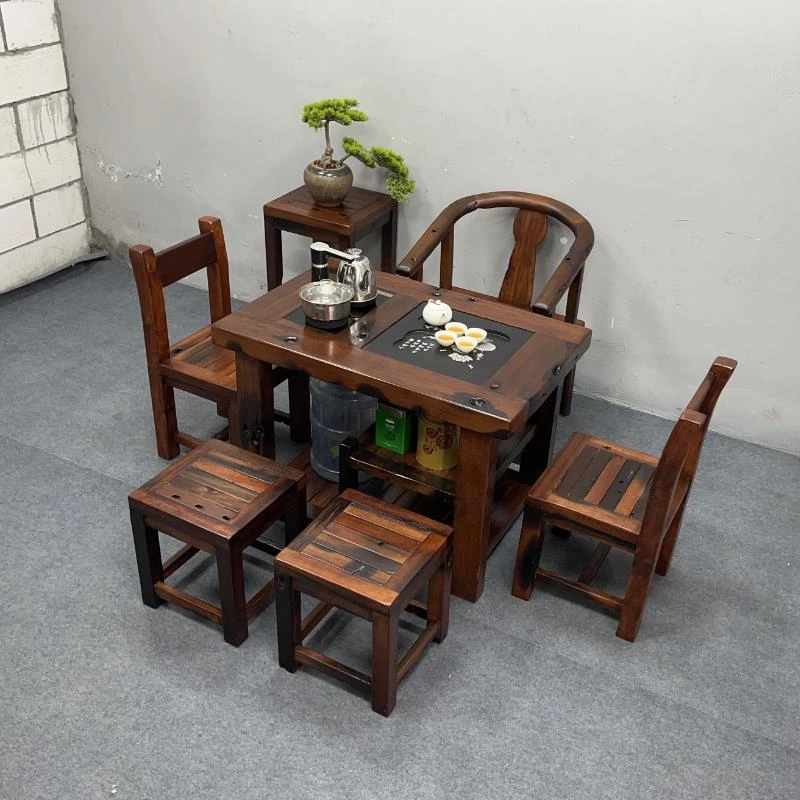 老船木茶桌椅组合实木仿古阳台小茶台户外防晒茶几简约原木休闲桌