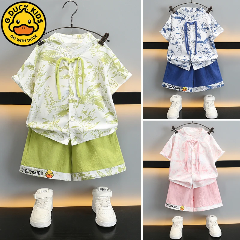 小黄鸭儿童夏装套装新中式2024新款短袖中小童上衣短裤两件套
