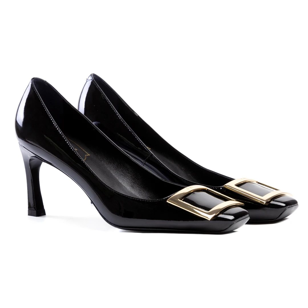 2025新款单鞋漆皮浅口方头方扣百搭细跟气质名媛风高跟鞋 7CM