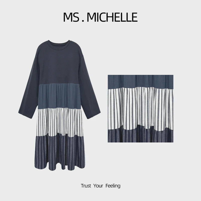 MS.MICHELLE 秋季新品 极简风条纹拼接卫衣裙5066