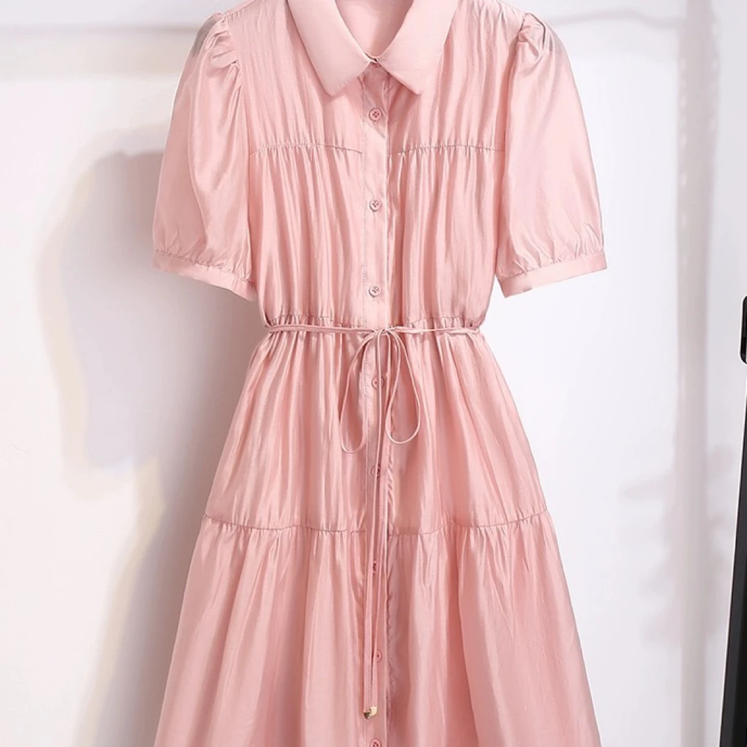高品质个性气质可绑带收腰宽松衬衫纯色纽扣衬衫类设计感连衣裙