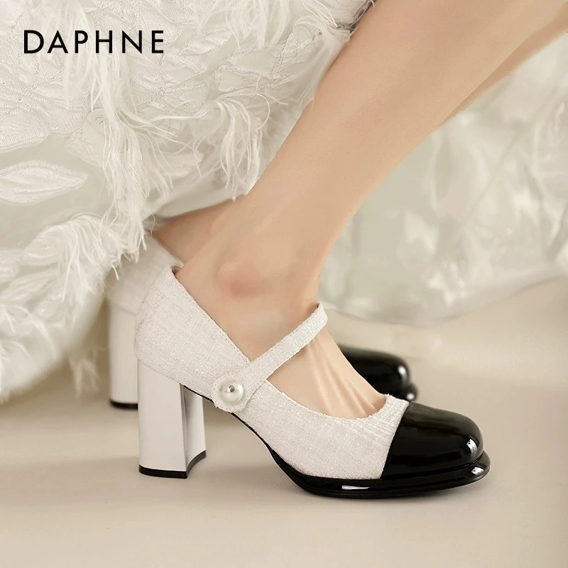 达芙妮高跟鞋女2025夏新款爆款小香风复古黑白拼色粗跟玛丽珍女鞋