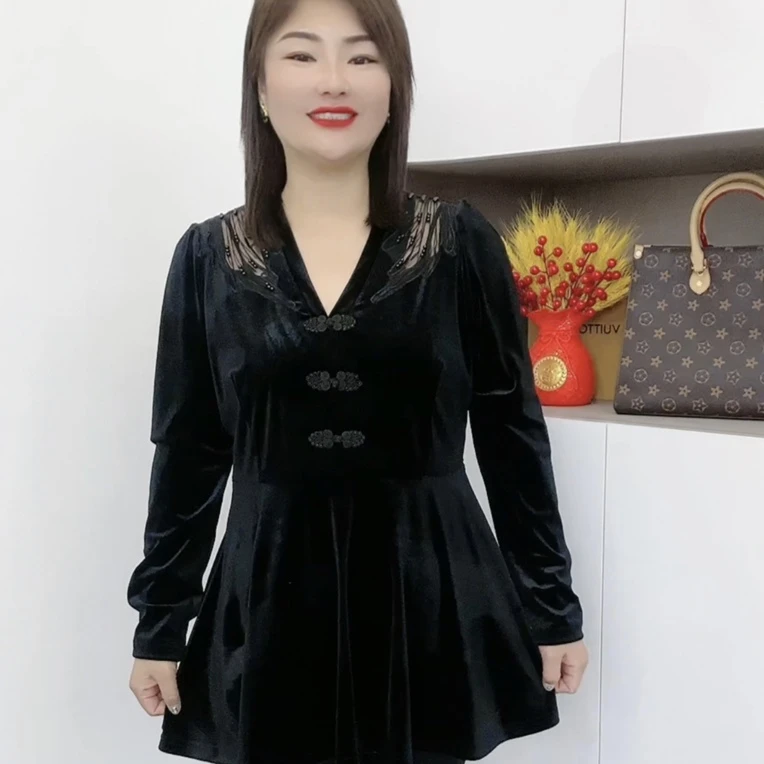 【赛妃梦】气质显瘦修身洋气百搭复古盘扣长袖小衫