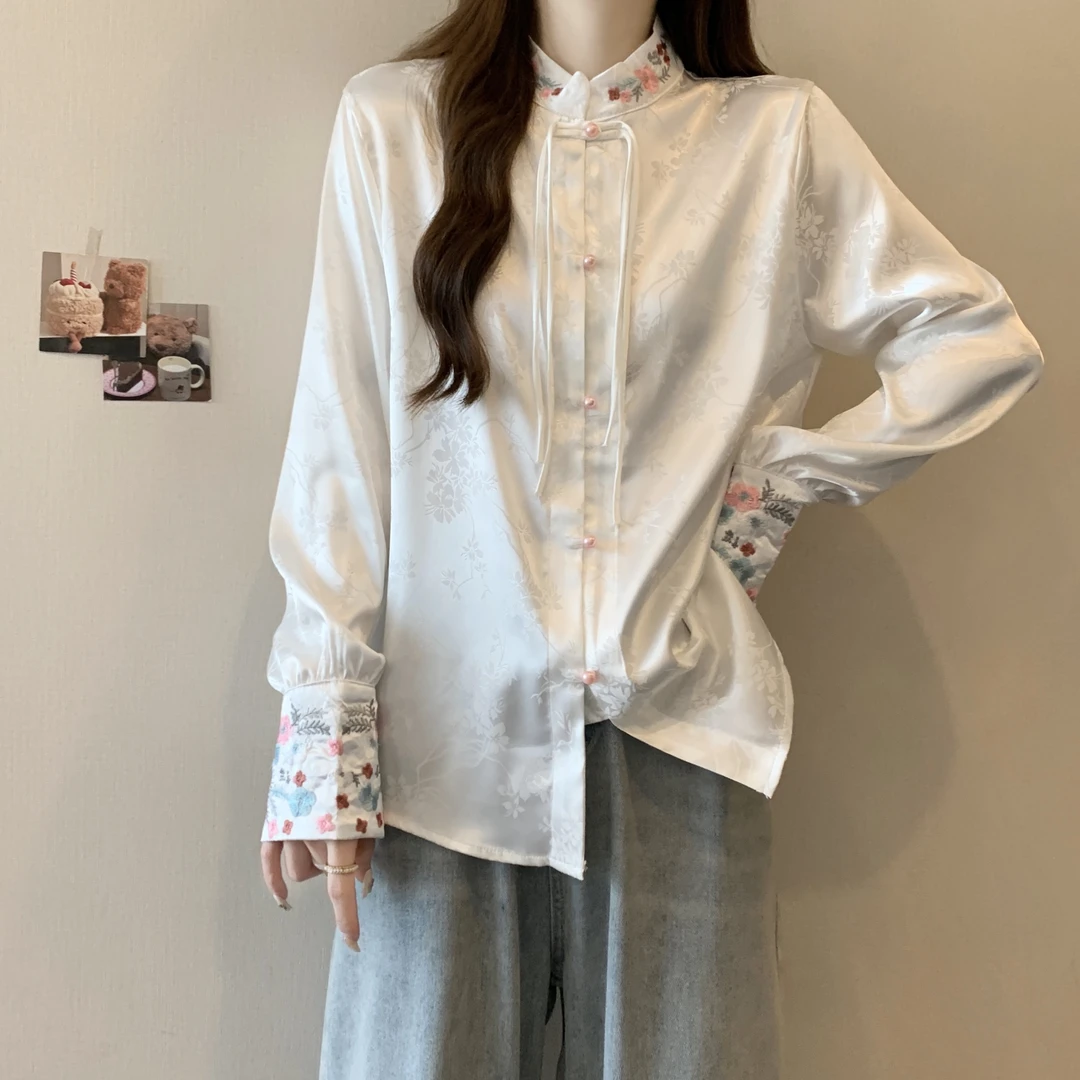 大码胖mm中国风刺绣立领长袖衬衫女士2024春夏季新款百搭气质上衣