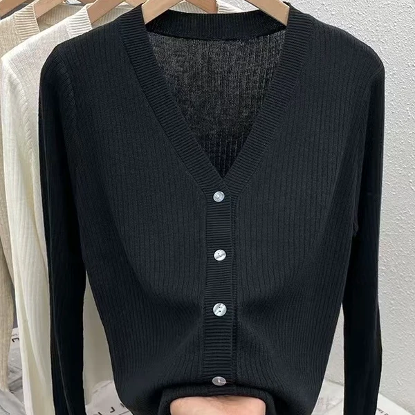 Y2205   早初秋薄款毛衣外套长袖上衣外搭V领针织开衫女