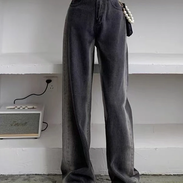 Y5138 渐变牛仔裤直筒宽松新款春秋季显瘦高腰阔腿裤