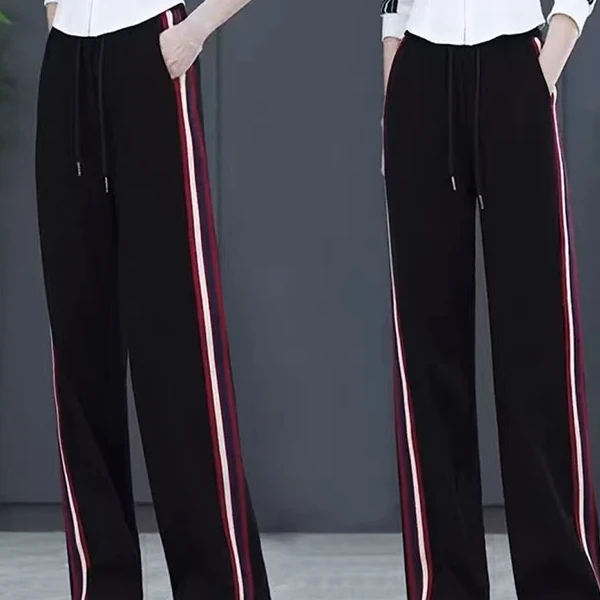 Y33527     阔腿裤女时尚高腰条纹拼接直筒裤百搭显瘦运动裤