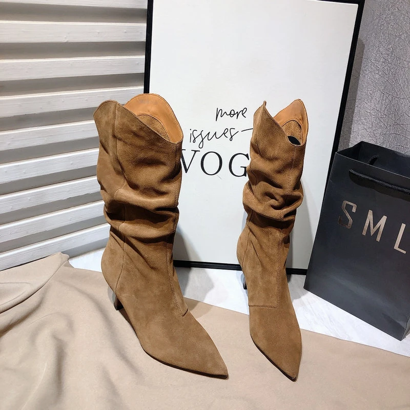 6CM单靴磨砂褶皱堆堆靴女新款性感细跟尖头百搭西部短靴高筒靴子.