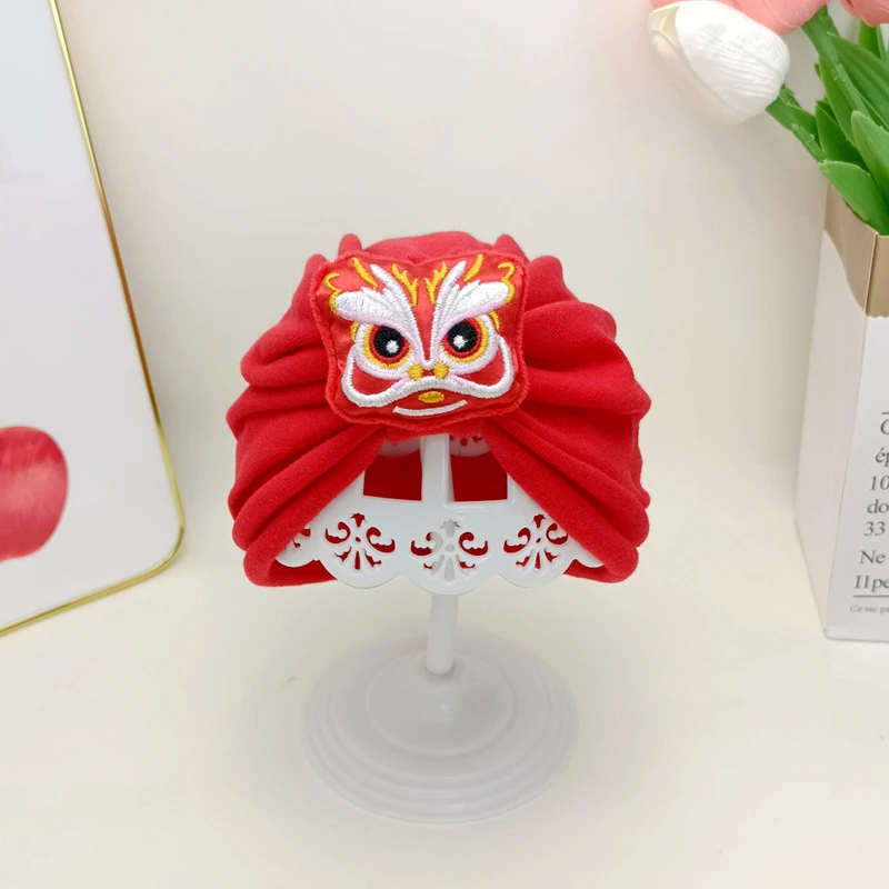 国潮婴幼儿胎帽印度帽刺绣舞狮新生宝宝护囟门帽喜庆婴儿百天帽子