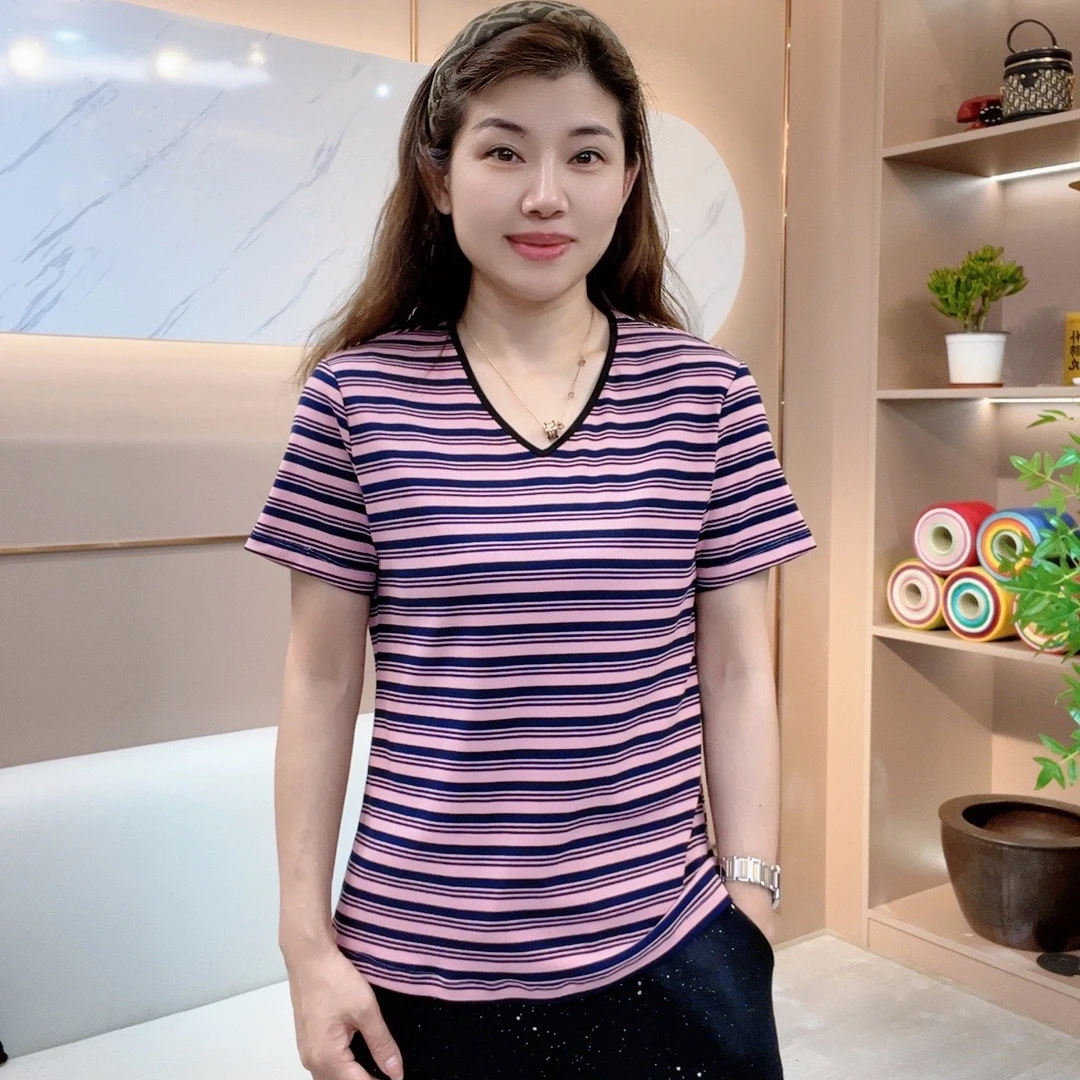 【怡特美】2024年夏季新款冰爽罗纹棉休闲时尚显瘦条纹女装t恤24103