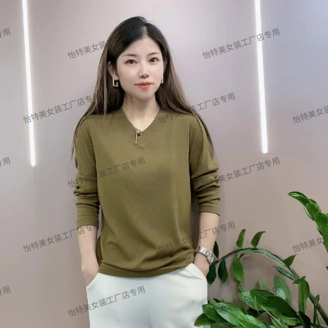 春季设计感V领罗纹棉气质秋装长袖纯色百搭假两件休闲打底衫22911