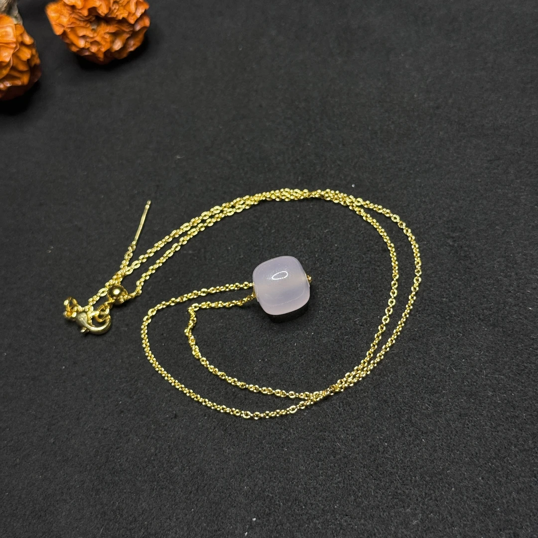 【玉合缘】天然粉玛瑙玉髓18k金镶嵌路路通吊坠 4114