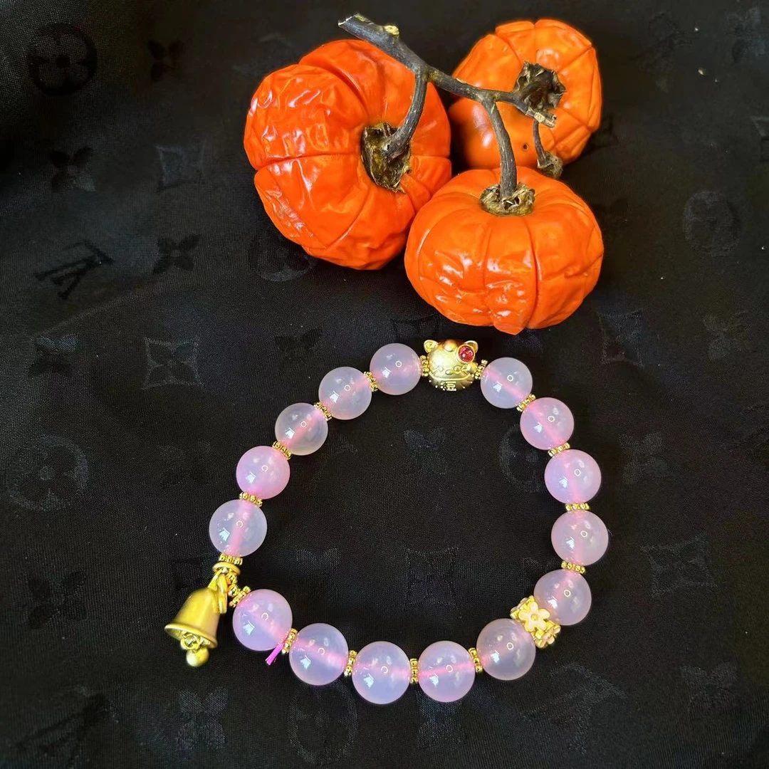 【玉合缘优选】天然粉玛瑙发财猫挂件手链10mm+（多样性发一）-8133