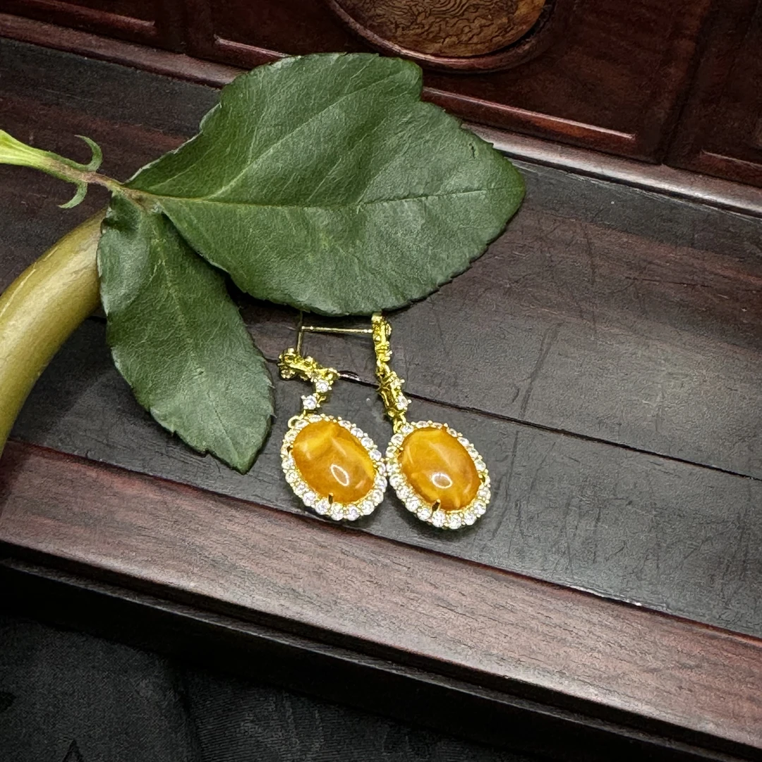 【玉合缘优选】天然蜜蜡老蜜蜡鸡油黄蛋面耳饰 8322